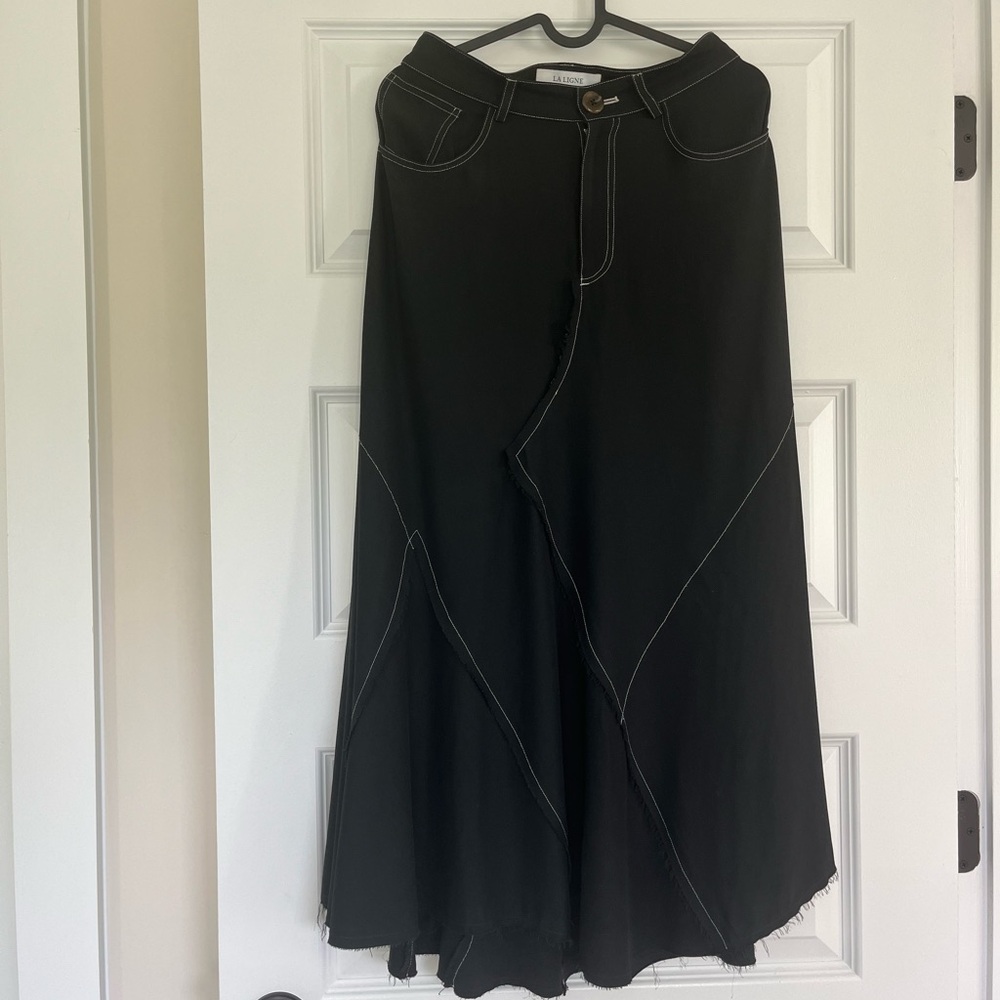 La Ligne Louisa Midi A-Line Skirt Black with White Stitching